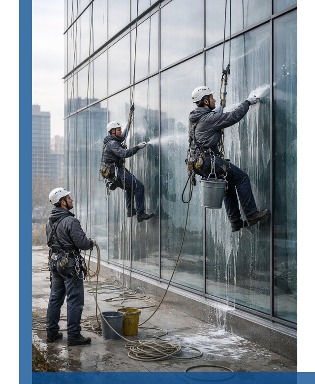 Промышленная мойка панорамных окон на высоте в Щекине