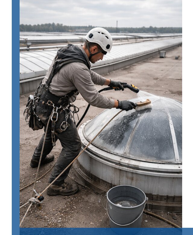 Мойка зенитных фонарей на кровле для промышленных объектов в Щекине