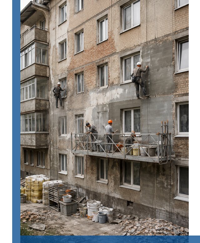 Капитальный ремонт фасада в Щекине с восстановлением и гидроизоляцией