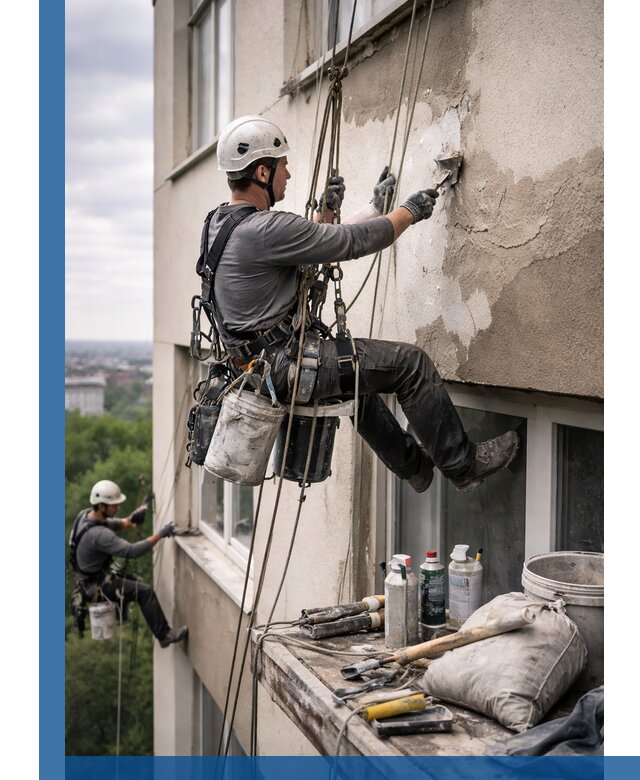 Косметический ремонт фасада зданий в Щекине промышленными альпинистами