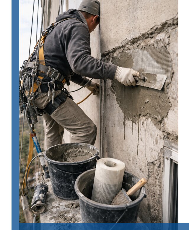 Ремонт бетонных элементов фасада промышленными альпинистами в Щекине