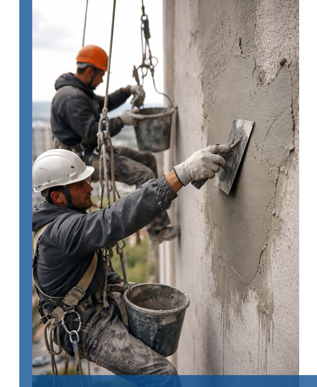 Штукатурка фасада на высоте в Щекине профессиональные работы