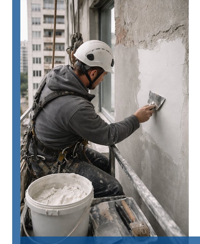 Шпаклевка фасадов на высоте с промальпинистами в Щекине