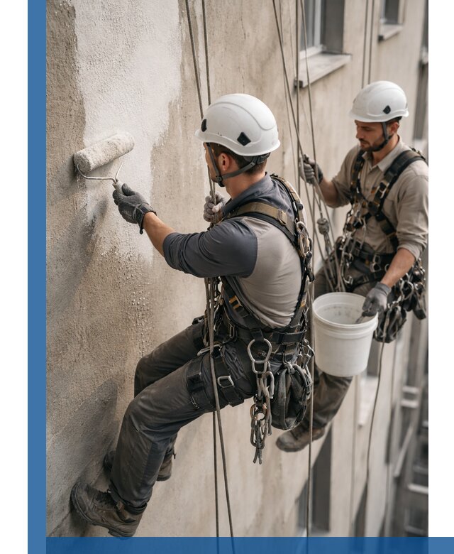 Грунтовка фасада на высоте в Щекине промышленными альпинистами