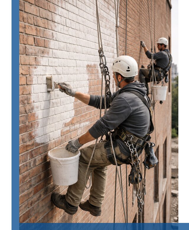 Покраска кирпичного фасада с доступным альпинистским сервисом в Щекине