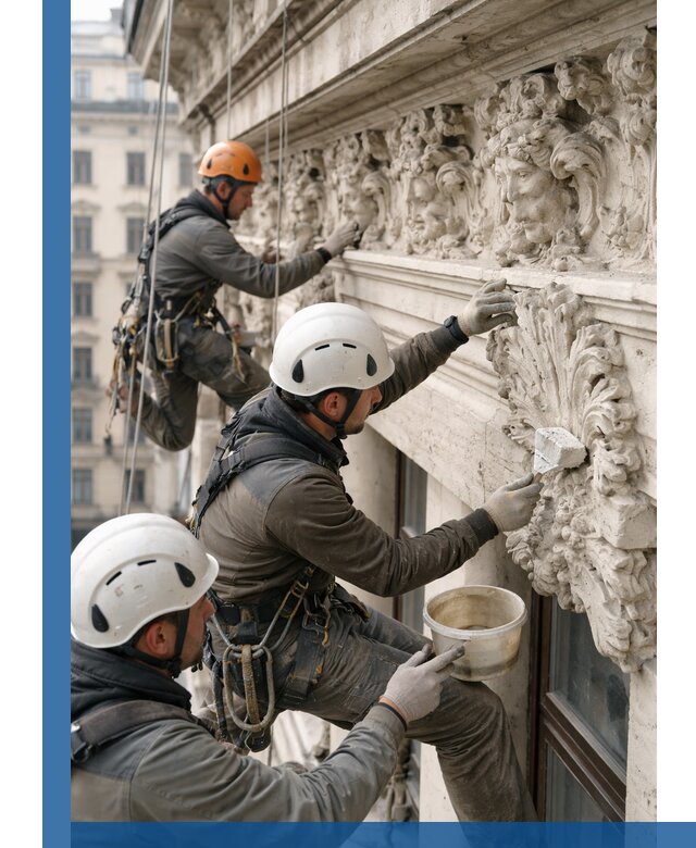 Реставрация фасадной лепнины с высотными работами в Щекине