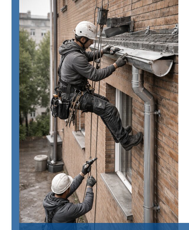 Монтаж водосточной системы на здании в Щекине под ключ