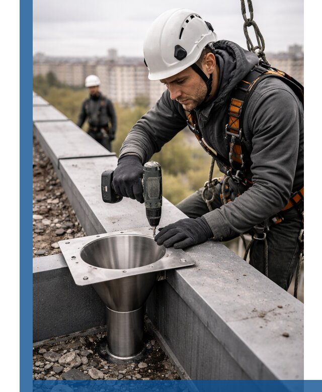 Монтаж водосточных воронок в Щекине для промышленных зданий