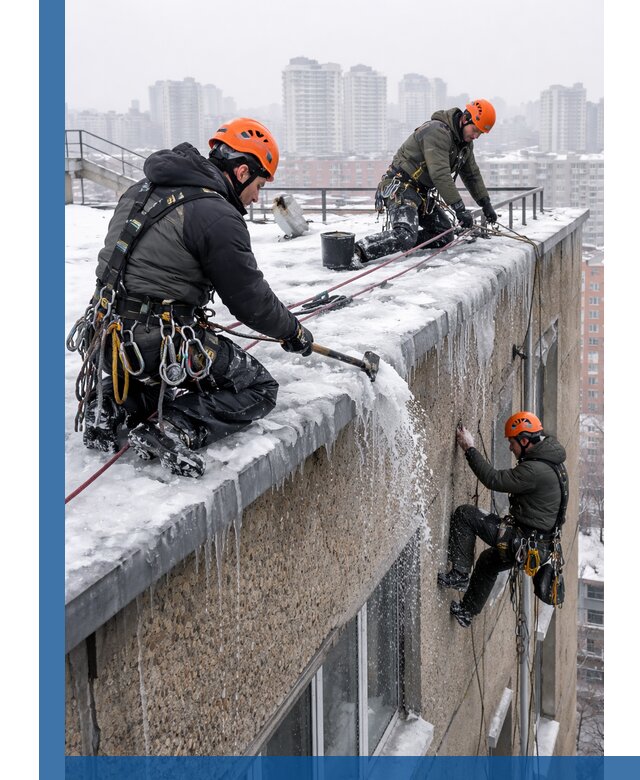 Удаление наледи с кровли в Щекине промышленными альпинистами