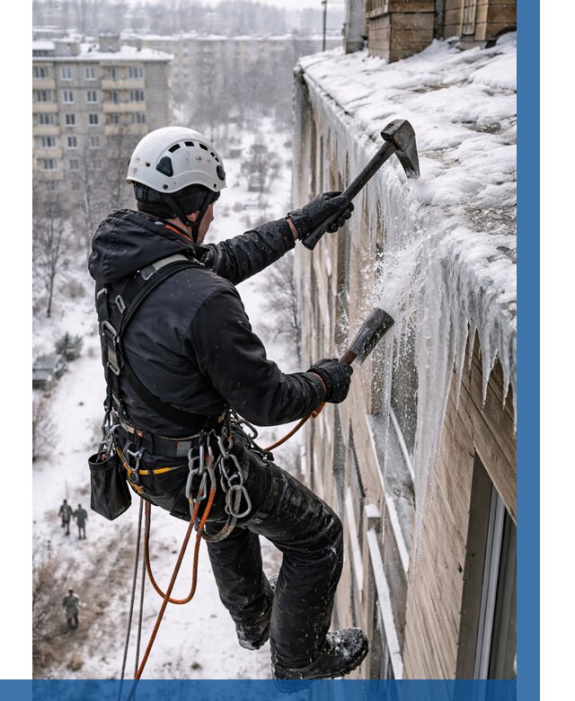 Сбивание сосулек с крыши в Щекине по цене от 4631 р. | ВЫСОТНИК-Екн