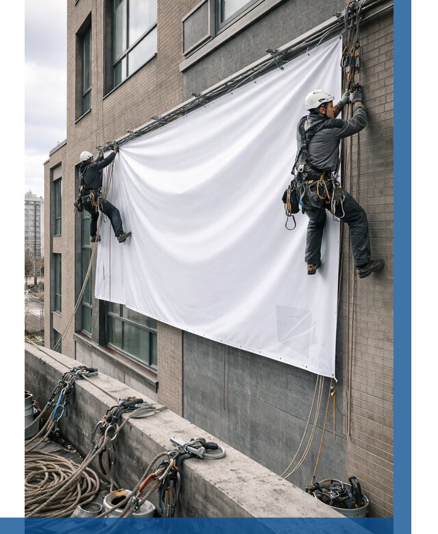 Монтаж баннеров на фасаде в Щекине от 669 р. заказать ВЫСОТНИК-Екн