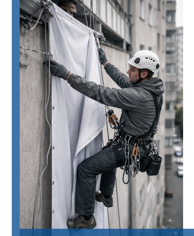 Замена баннерного полотна промышленными альпинистами в Щекине