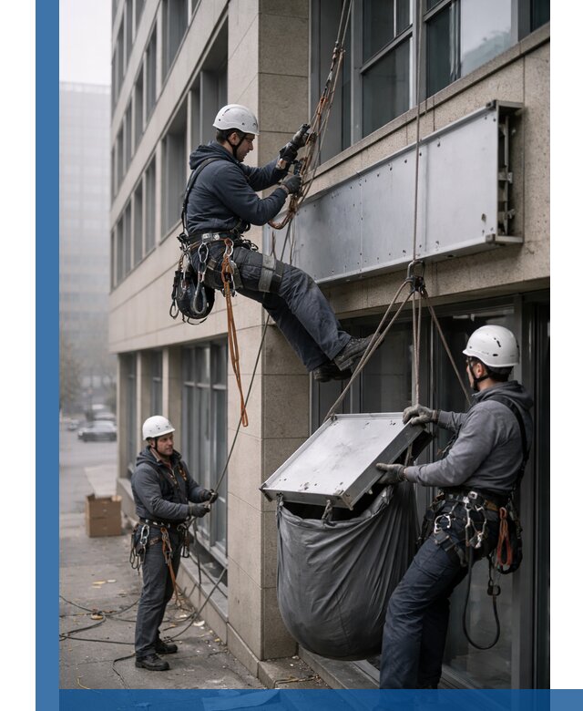 Демонтаж рекламной вывески с высотными работами в Щекине