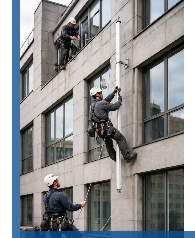 Монтаж флагштока на фасаде здания с креплением и герметикой в Щекине