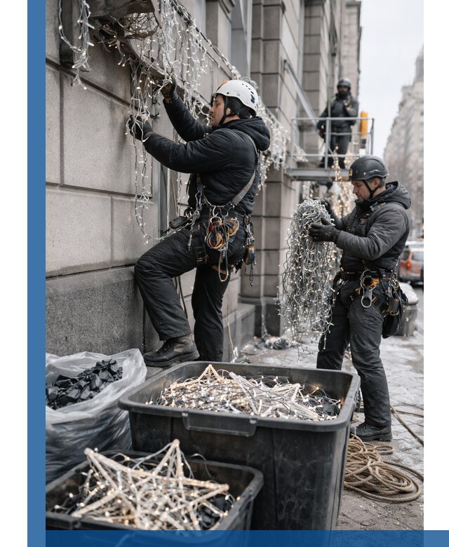 Демонтаж новогоднего оформления и гирлянд в Щекине