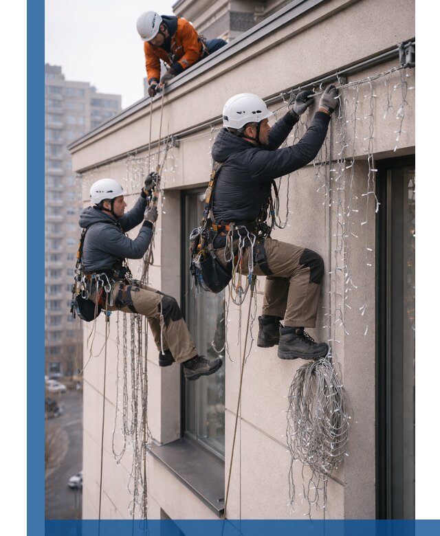 Монтаж праздничных гирлянд на фасаде в Щекине для зданий