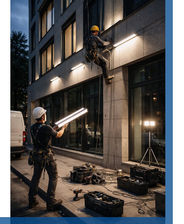 Монтаж архитектурной подсветки здания в Щекине от 2573 р.|ВЫСОТНИК-Екн