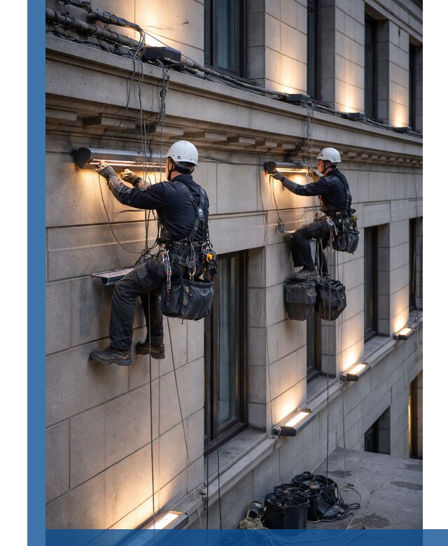 Монтаж архитектурной подсветки фасадов зданий в Щекине