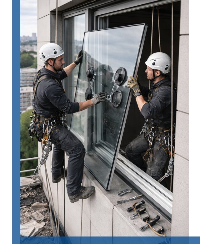 Замена стеклопакетов на высоте с промышленными альпинистами в Щекине