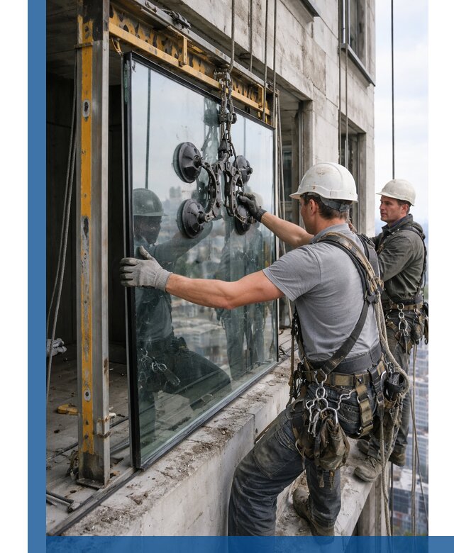 Монтаж стеклопакетов на высоте в Щекине с промышленным альпинизмом