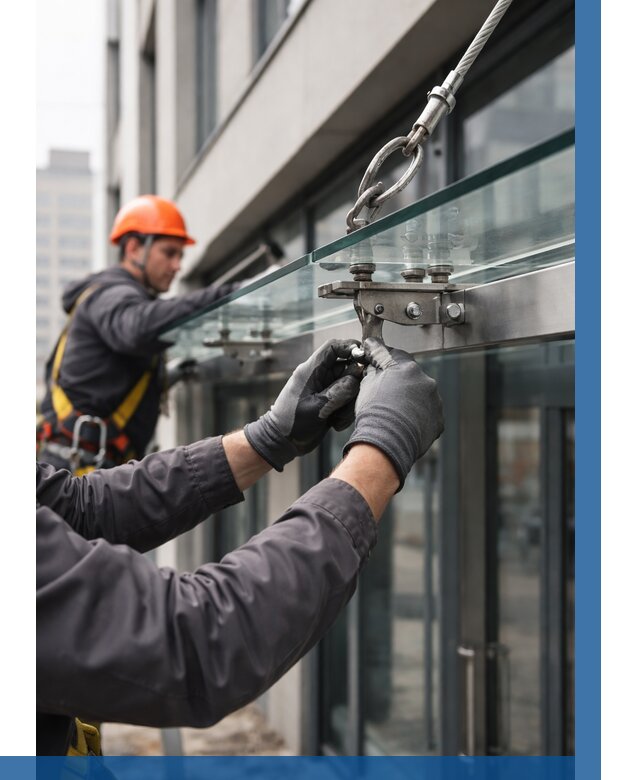 Монтаж стеклянных козырьков в Щекине от 8748 р. | ВЫСОТНИК-Екн