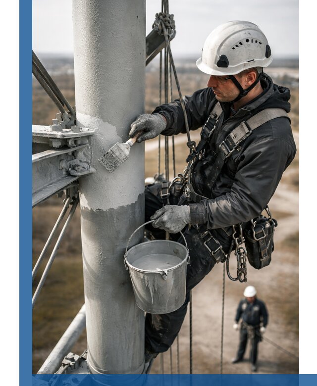 Покраска мачт связи в Щекине промышленными альпинистами