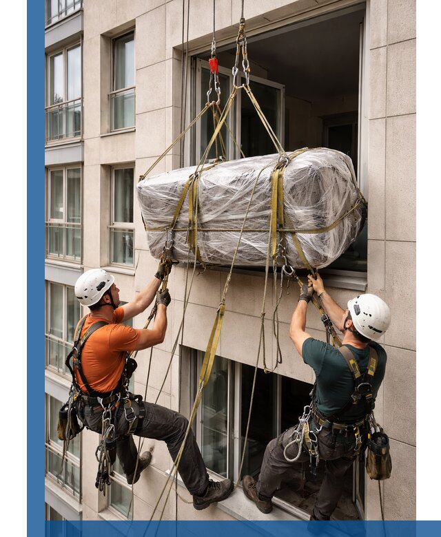 Подъем грузов через окно в Щекине промышленными альпинистами