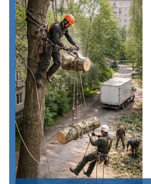 Спил деревьев альпинистами в Щекине, безопасно и без повреждений