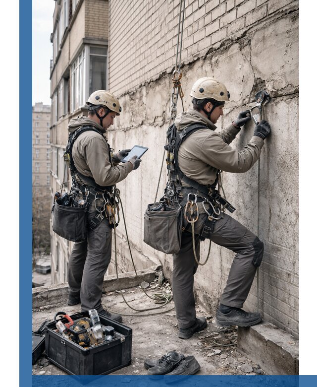 Обследование фасада промышленными альпинистами в Щекине